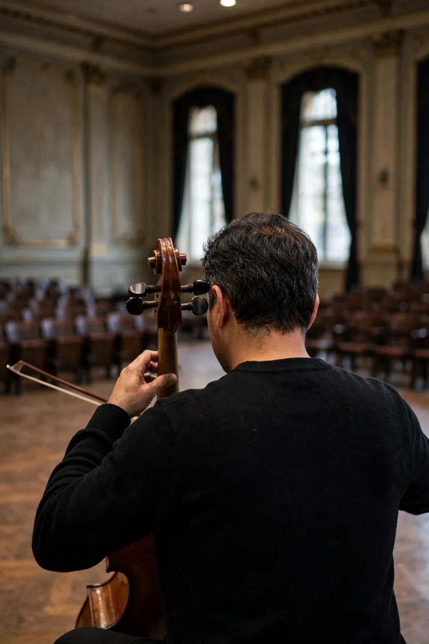 A man viewed from behind plays a cello in an ornate empty concert hall