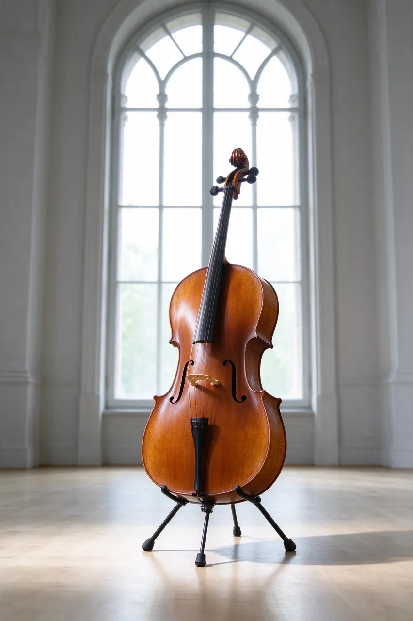A wooden cello stands upright on a metal floor stand backlit by a tall arched window