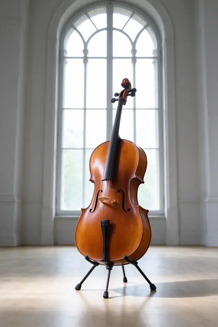A wooden cello stands upright on a metal floor stand backlit by a tall arched window
