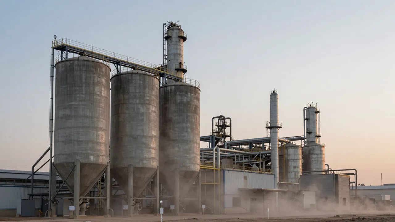 Industrial cement plant with tall concrete silos surrounded by dust haze under a pale sunset sky