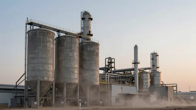 Industrial cement plant with tall concrete silos surrounded by dust haze under a pale sunset sky