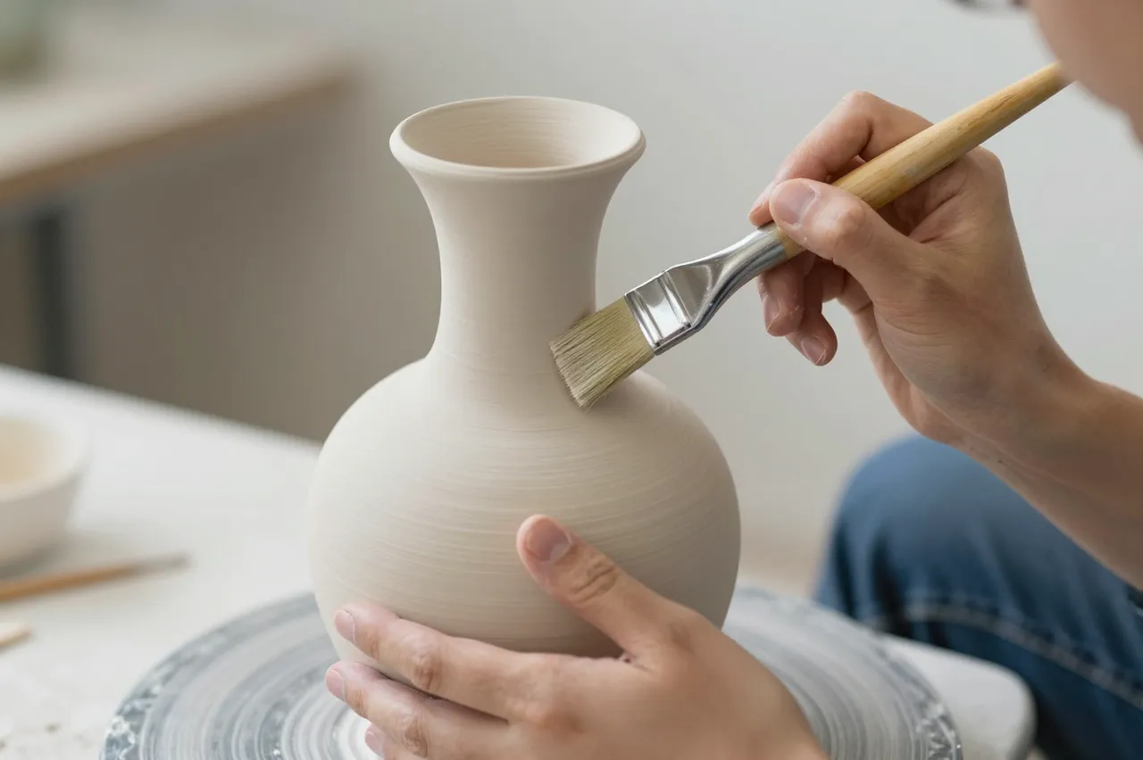 Hands of a ceramic artist applying glaze to an unfired clay vase with a wide brush