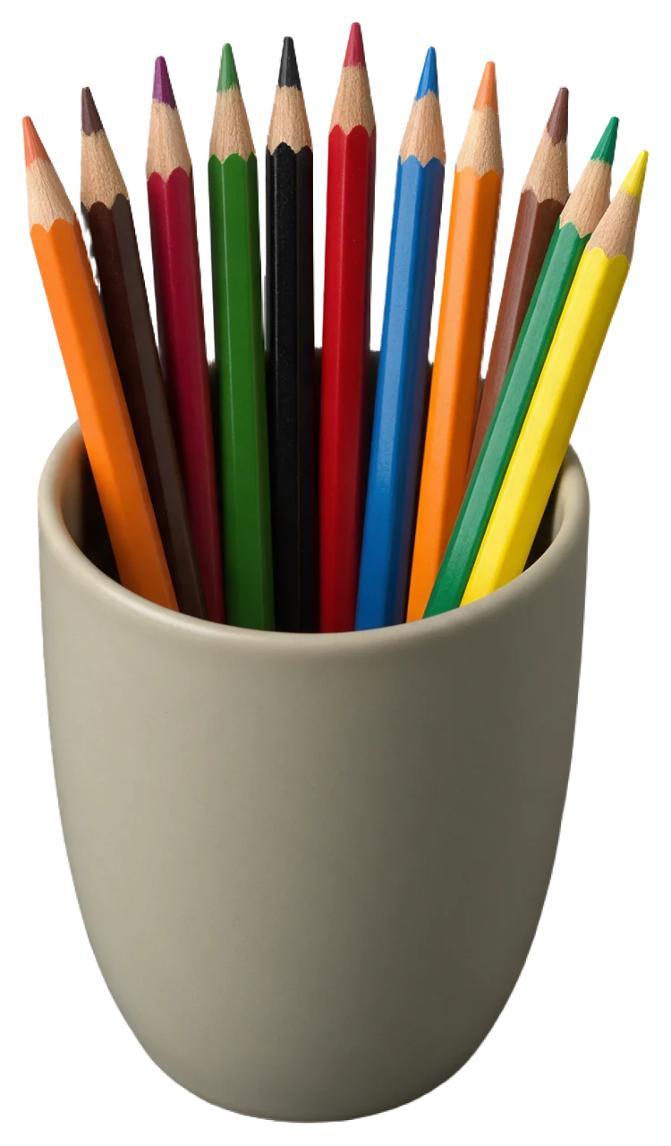A plain matte handleless ceramic cup holds a dozen sharpened colored pencils pointing upward.