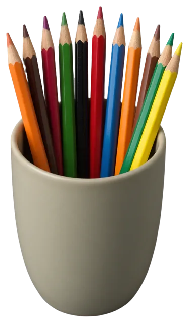 A plain matte handleless ceramic cup holds a dozen sharpened colored pencils pointing upward.