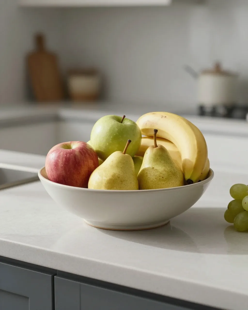A white ceramic fruit bowl filled with apples, pears, and bananas sits on a bright kitchen countertop beside green grapes.