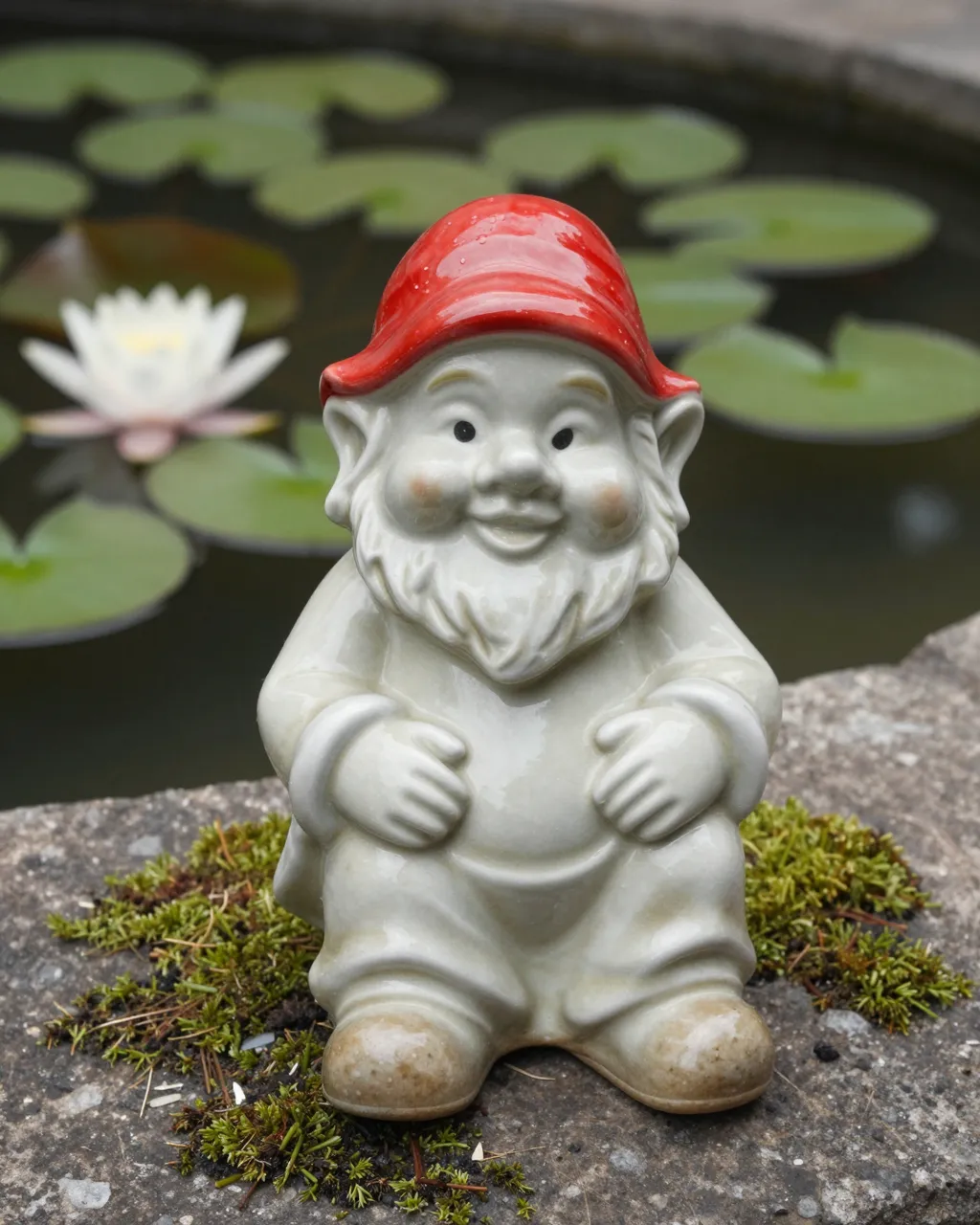 Glossy ceramic garden gnome with a red hat sits on mossy stone beside a lily pond