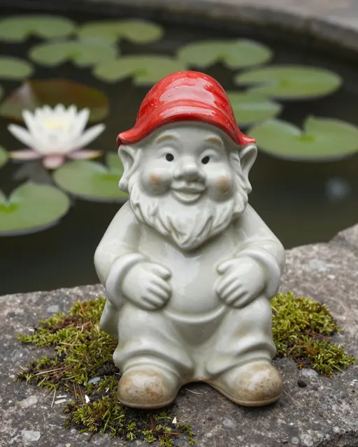 Glossy ceramic garden gnome with a red hat sits on mossy stone beside a lily pond