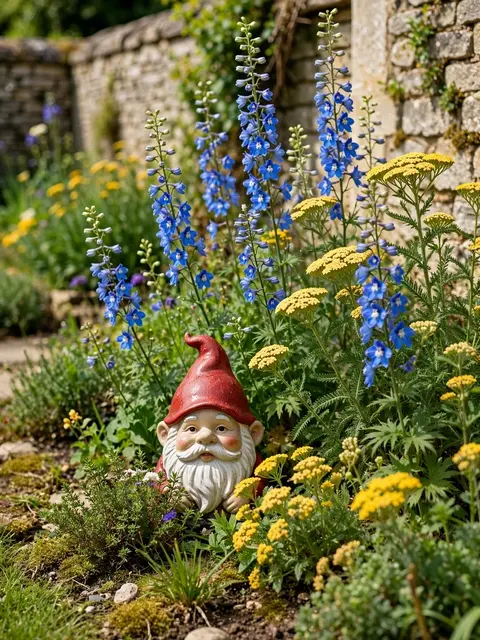 A ceramic garden gnome with a red hat sits among blue delphiniums and yellow yarrow beside a stone cottage wall in sunlight.