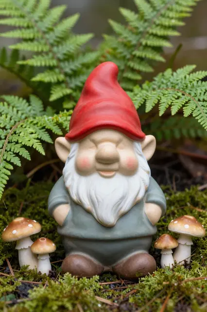 A small ceramic garden gnome with a red hat sits among ferns, moss, and tiny spotted mushrooms