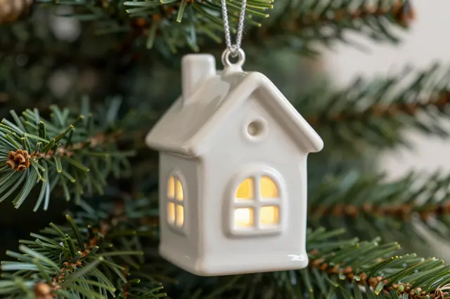 Glowing white ceramic house ornament hangs from a Christmas tree branch