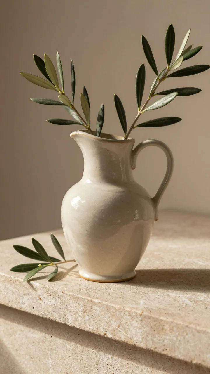 Glossy cream ceramic pitcher holding olive sprigs rests on a warm lit stone ledge