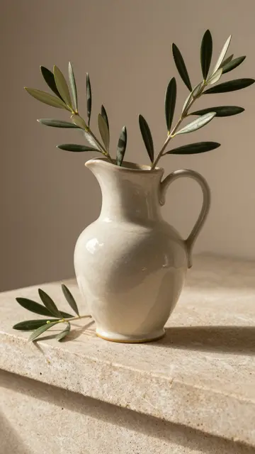 Glossy cream ceramic pitcher holding olive sprigs rests on a warm lit stone ledge