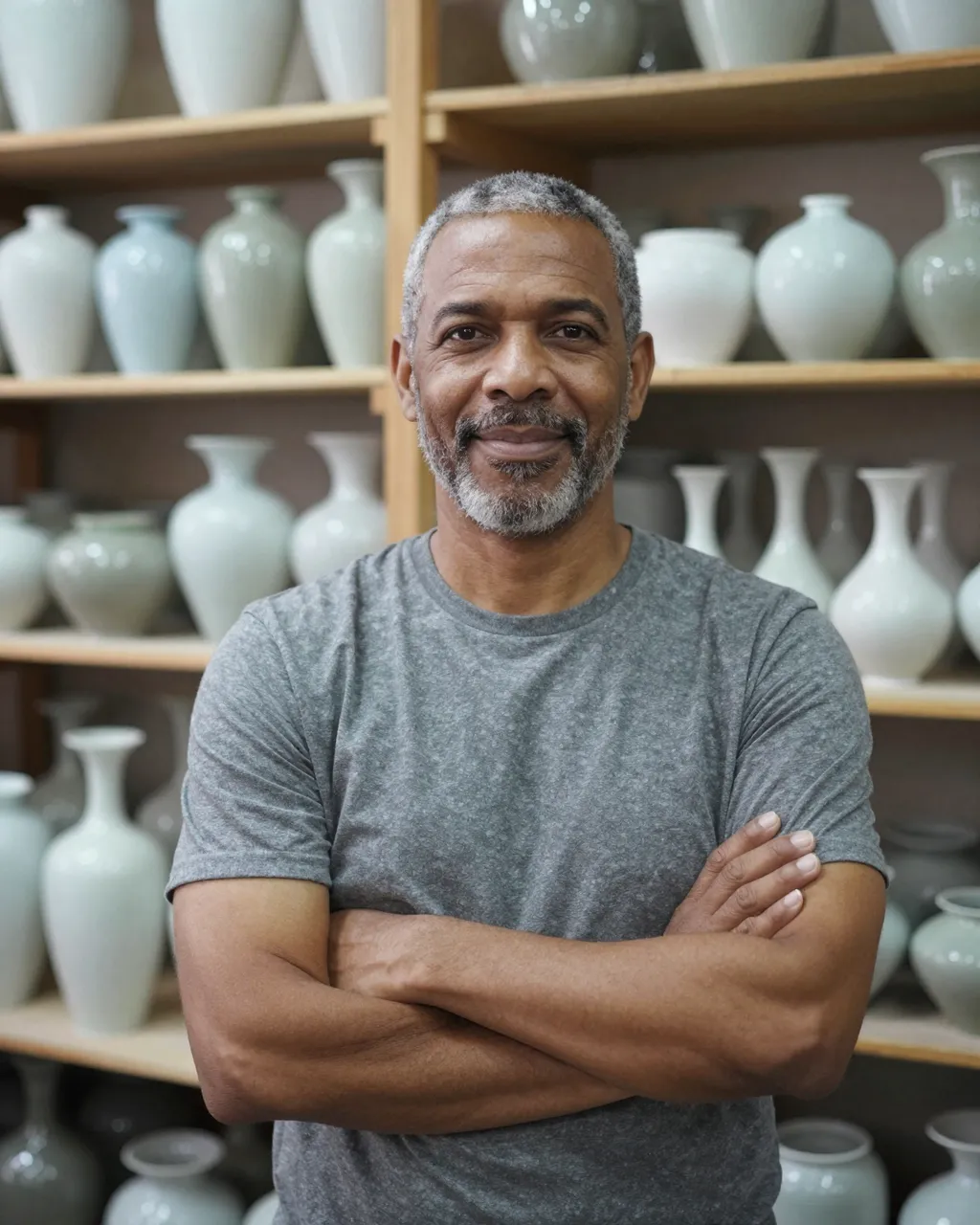Mixed-race man in his fifties with folded arms stands in front of shelves of glazed ceramic vases