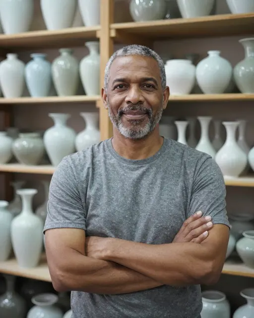 Mixed-race man in his fifties with folded arms stands in front of shelves of glazed ceramic vases