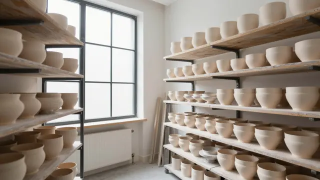 Shelves of unglazed ceramic pottery line a bright pottery studio next to a large north-facing window.