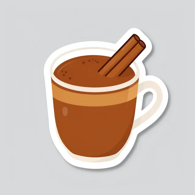 Die-cut sticker of a spiced chai mug with a cinnamon stick on a light gray background