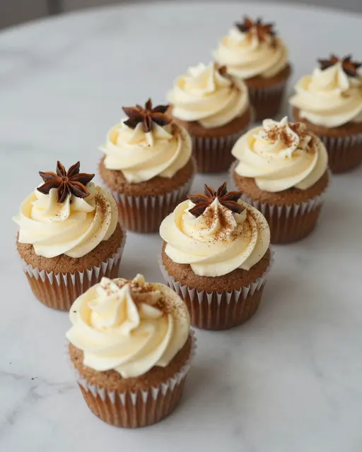 Rows of chai spice cupcakes with vanilla frosting, cinnamon dust, and star anise sit on a light marble countertop.