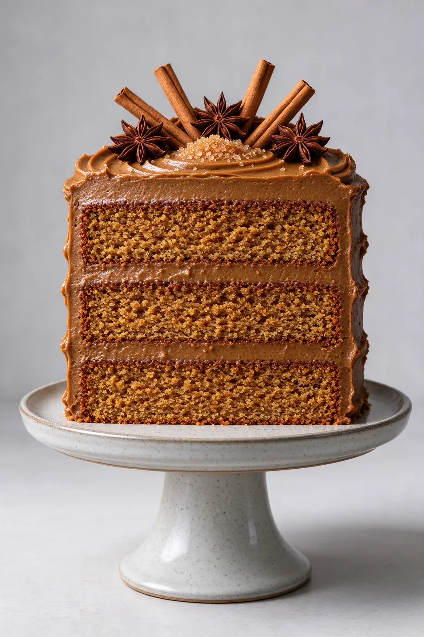 Sliced chai spice layer cake topped with cinnamon sticks and star anise sits on a speckled cake stand