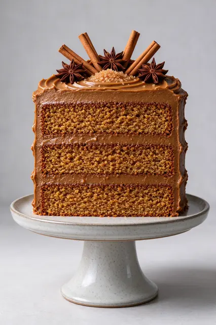 Sliced chai spice layer cake topped with cinnamon sticks and star anise sits on a speckled cake stand