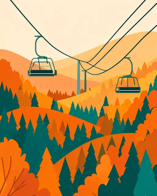 Empty chairlifts hang from cables over layered autumn forest hills in warm orange and teal tones