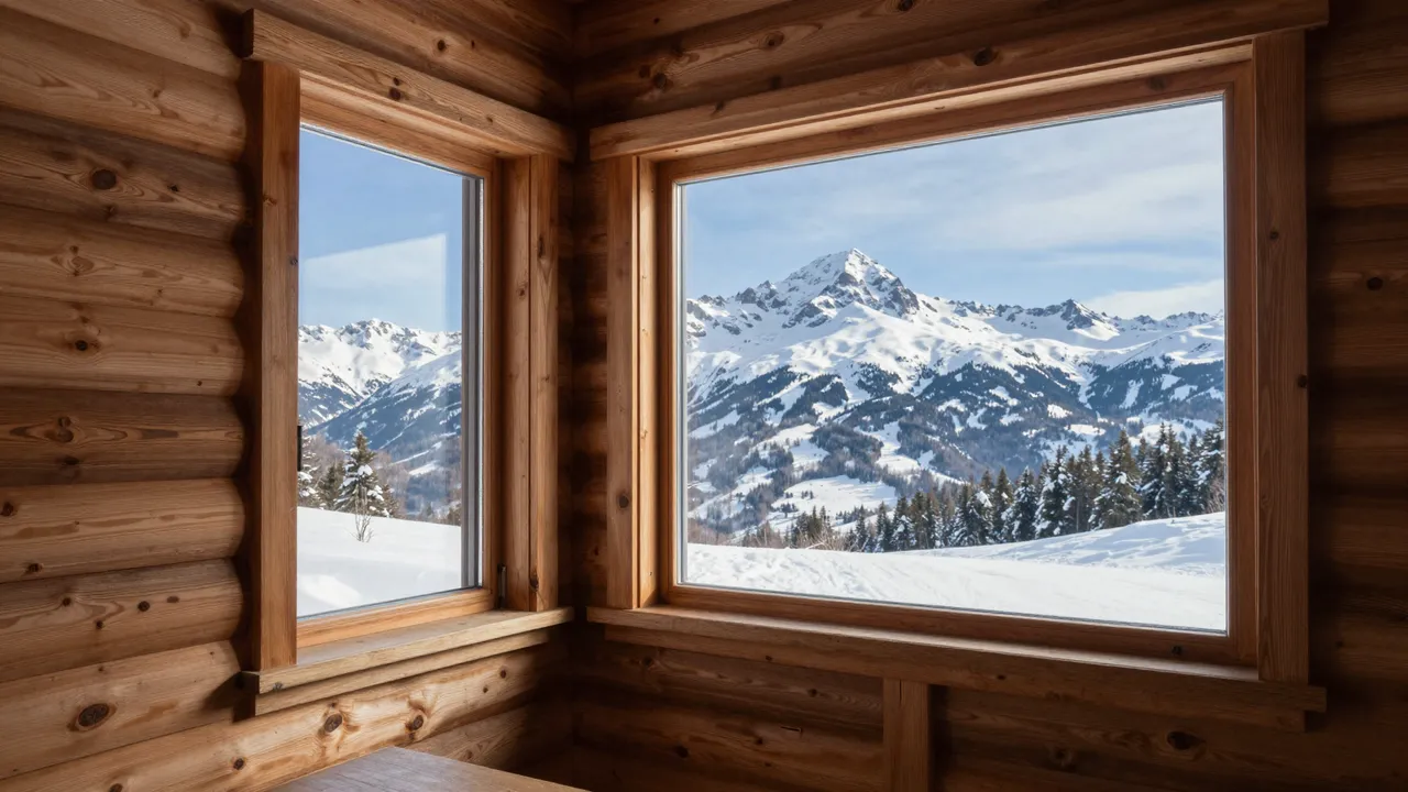 Wooden log chalet interior windows framing a sunlit view of snow-covered alpine peaks