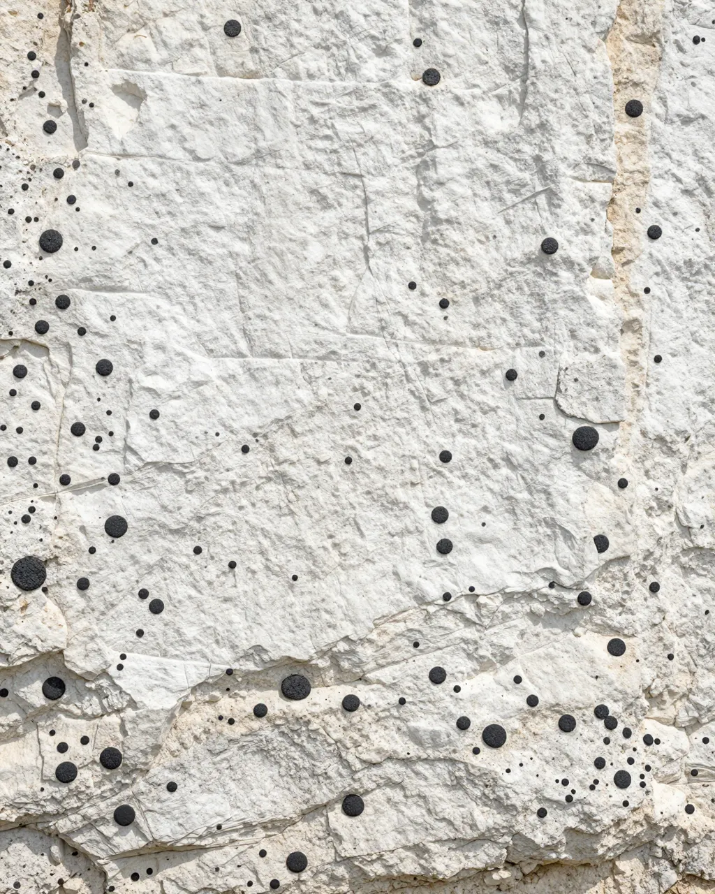 Full frame close-up of a rough white chalk rock surface dotted with small dark round flint nodules