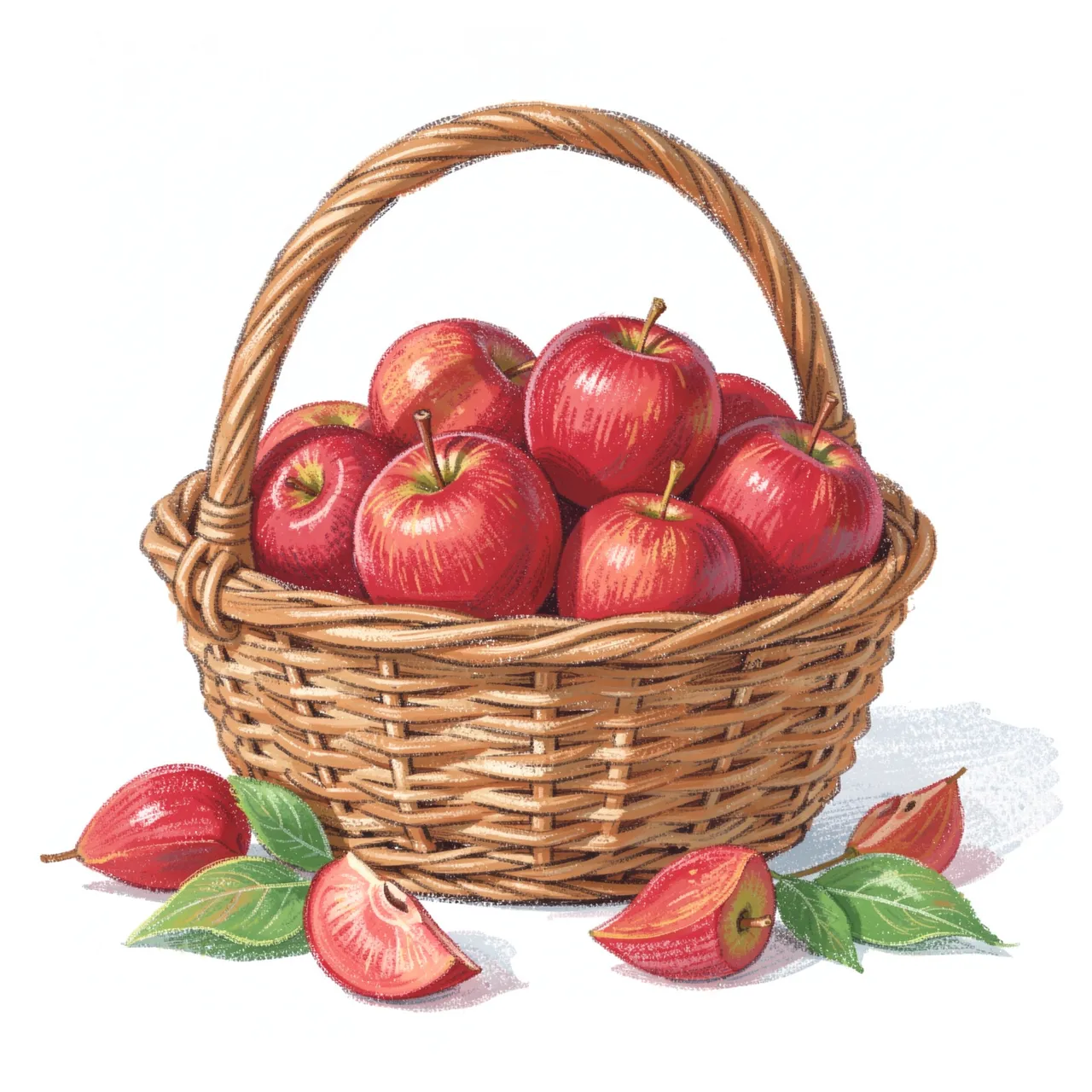 Pastel chalk illustration of a wicker basket full of red apples with cut fruit and leaves at its base