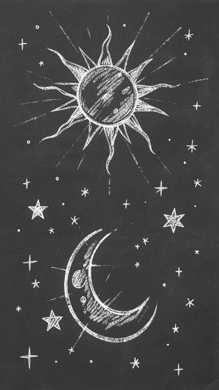 White chalk hand-drawn sun, crescent moon, and stars on a dark charcoal vertical background
