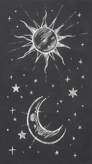 White chalk hand-drawn sun, crescent moon, and stars on a dark charcoal vertical background