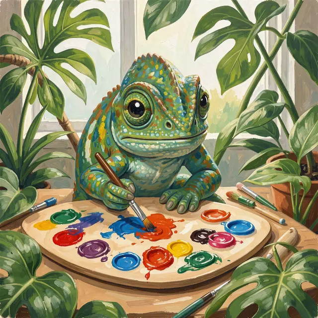 A colorful gouache illustration of a cute chameleon mixing paint on a palette in a leafy sunlit studio.