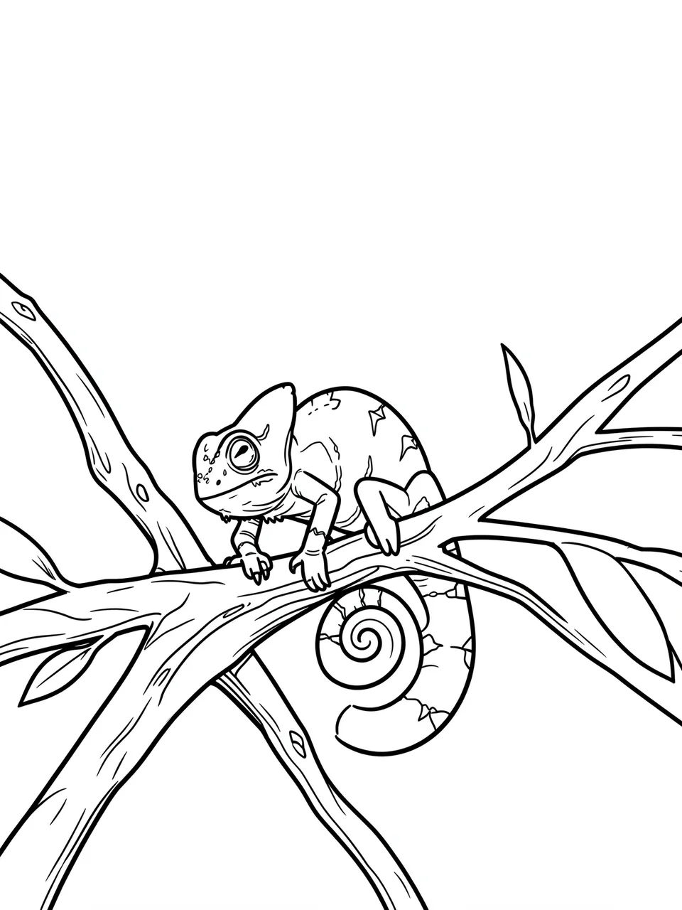 Black and white bold line art of a chameleon perched on tree branches with a coiled tail