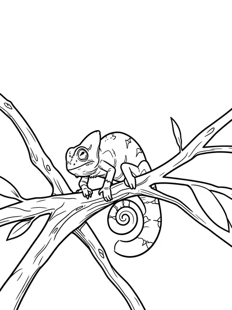 Black and white bold line art of a chameleon perched on tree branches with a coiled tail