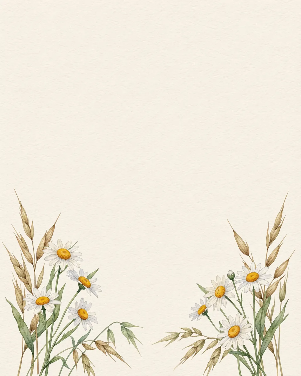 Delicate watercolor chamomile and oat grass sprigs adorn the lower corners of a textured cream paper background with empty
