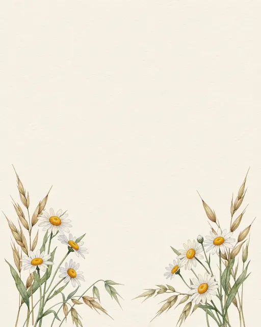 Delicate watercolor chamomile and oat grass sprigs adorn the lower corners of a textured cream paper background with empty