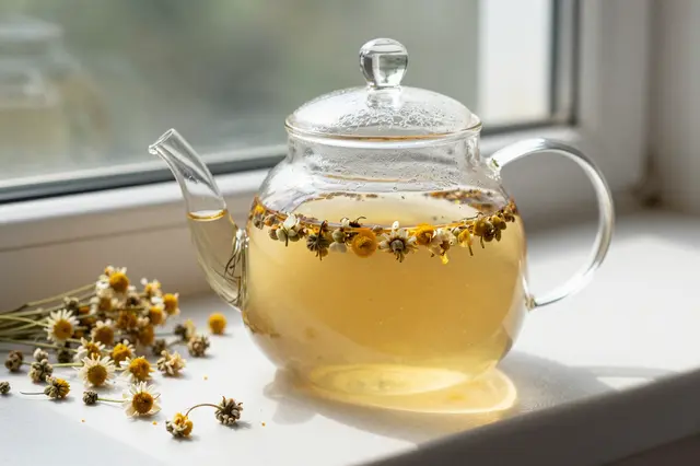 A glass teapot of steeping chamomile tea sits next to scattered dried chamomile flowers on a bright windowsill.