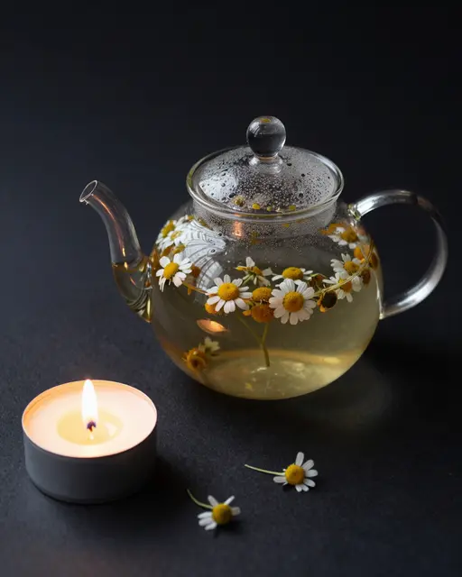 Glass teapot of steeping chamomile sits beside a lit tealight candle on a dark matte surface