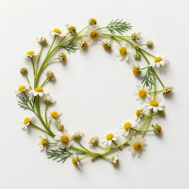 Top-down view of a delicate pressed chamomile and herb leaf wreath arranged on textured white paper with empty center copy