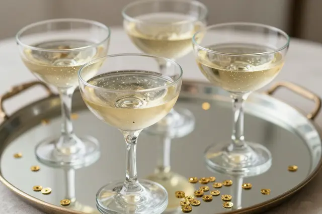 Four filled champagne coupes rest on a mirrored tray scattered with small gold sequins