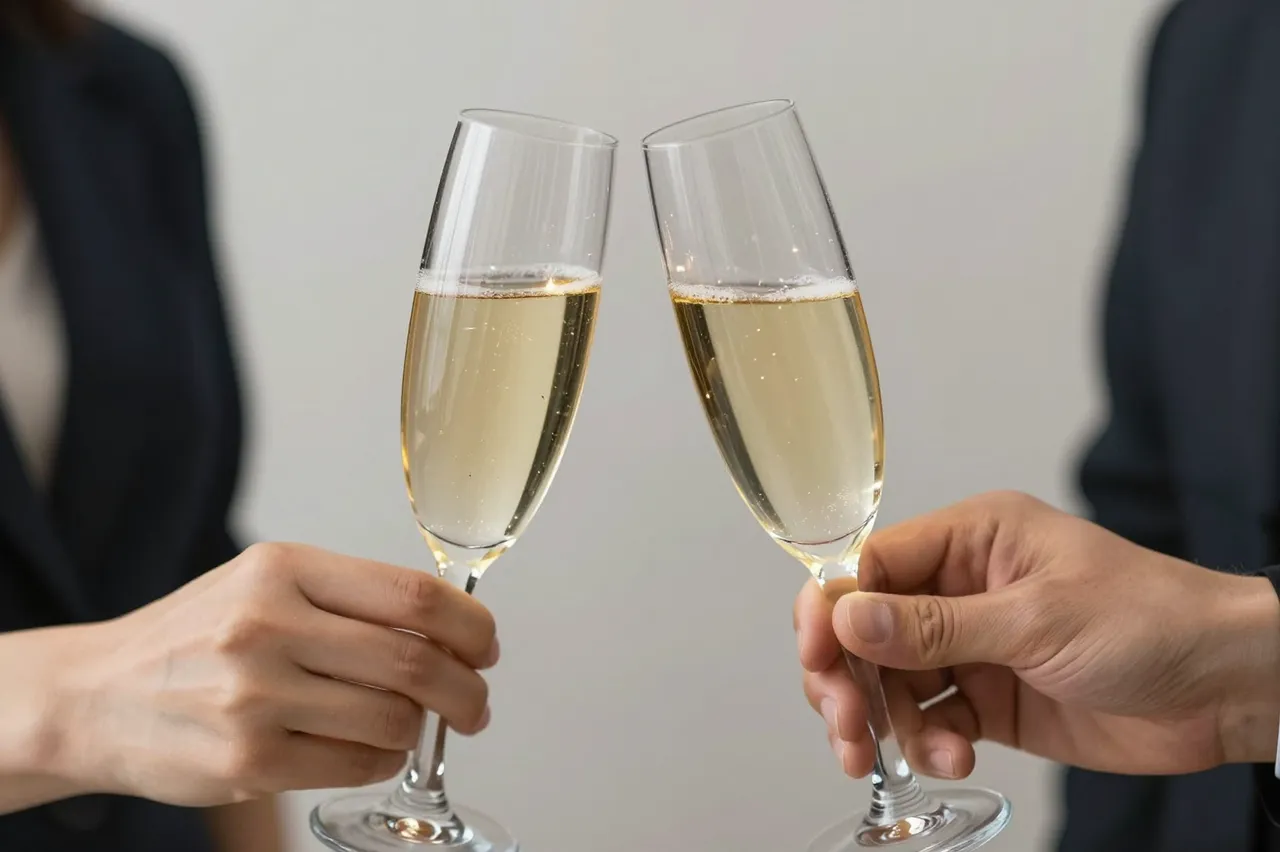 Two hands hold filled champagne flutes clinking together in a celebratory toast.