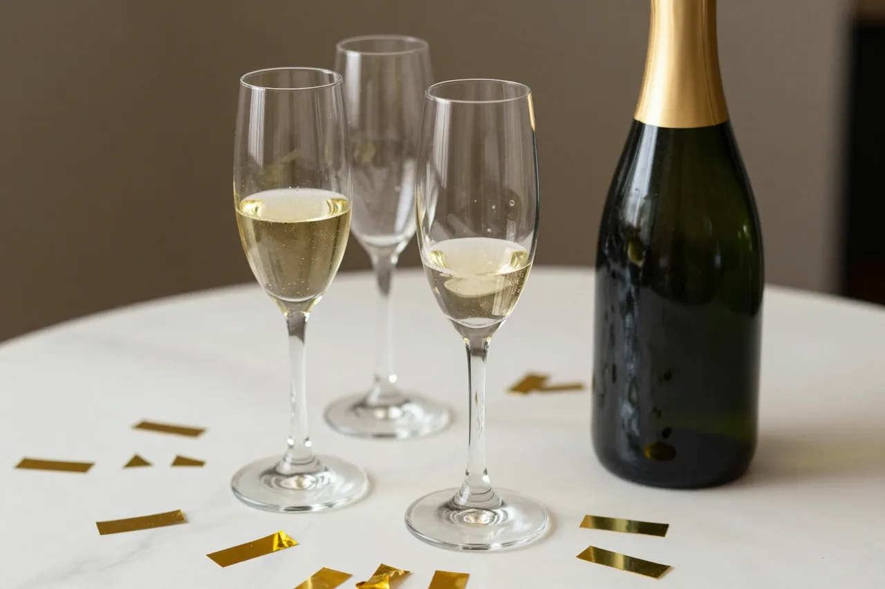 Filled champagne flutes, an empty glass, a champagne bottle, and gold confetti sit on a white tabletop.