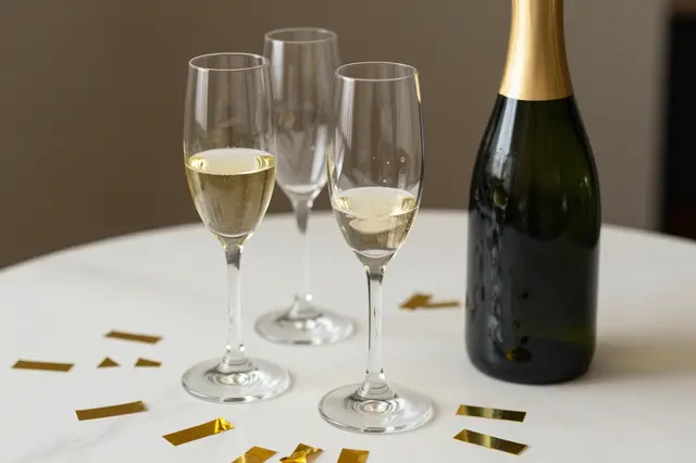 Filled champagne flutes, an empty glass, a champagne bottle, and gold confetti sit on a white tabletop.