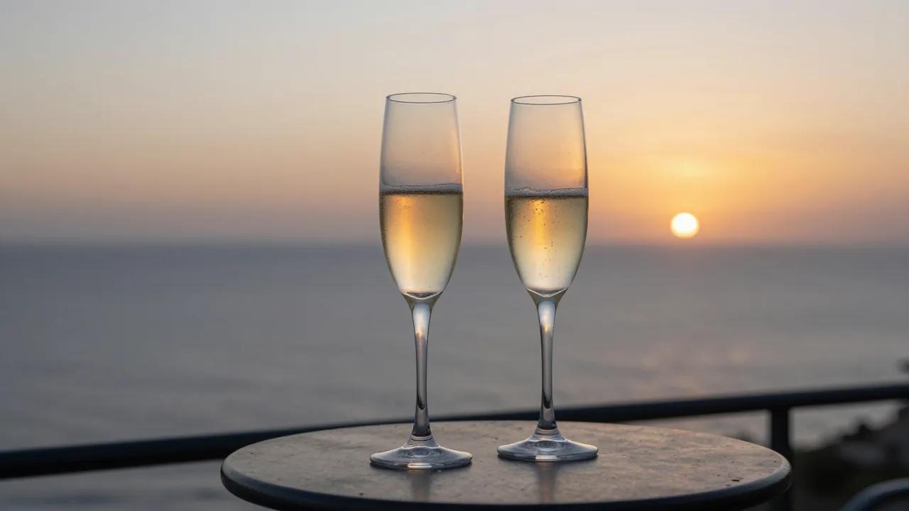 Two filled champagne flutes rest on a small balcony table overlooking a calm sea at golden sunset