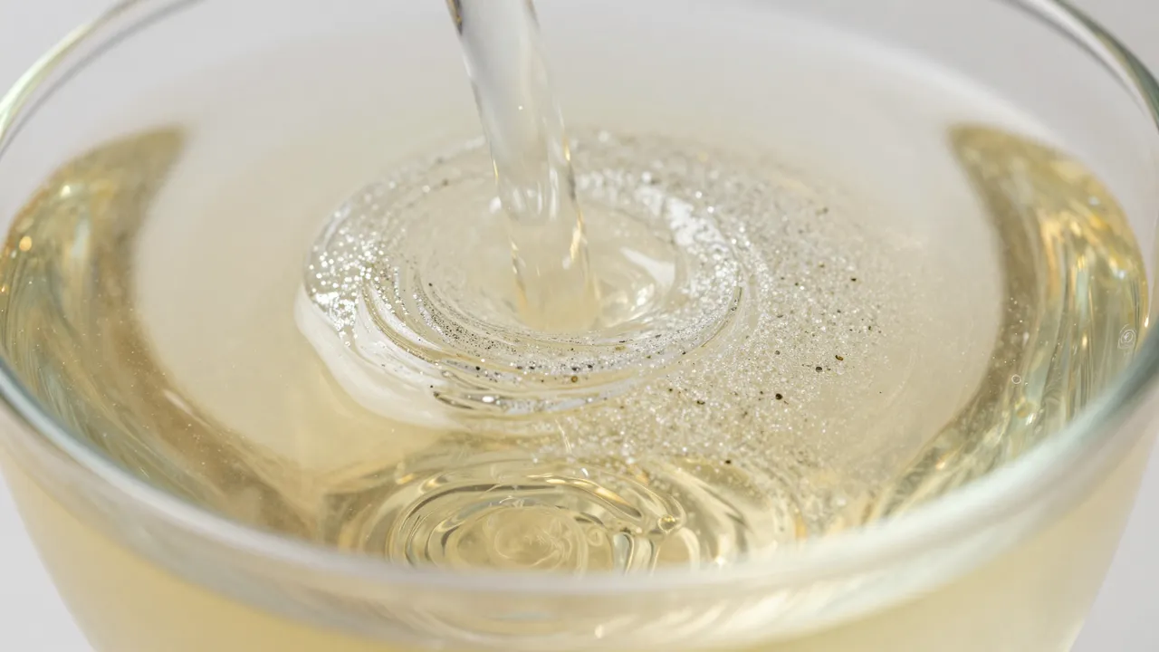 Liquid pours into a clear glass of pale champagne, creating swirling ripples and glistening bubbles