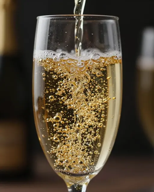 Sparkling golden champagne pours into a tall flute, rising with fine bubbles against a dark blurred background.