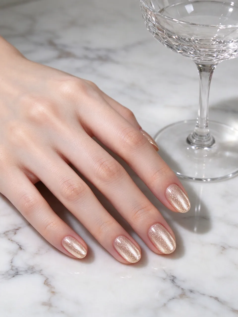 A woman's hand with champagne shimmer oval nails rests next to a crystal coupe on marble