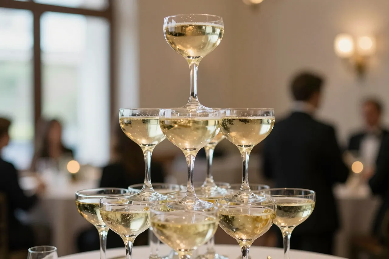 A stacked champagne coupe tower sits on a table with blurred formal guests in a warm lit event background.