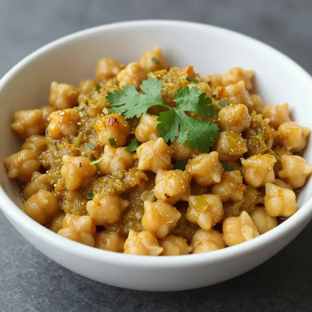 A bowl of chana masala with chickpeas and fresh cilantro on a dark matte surface
