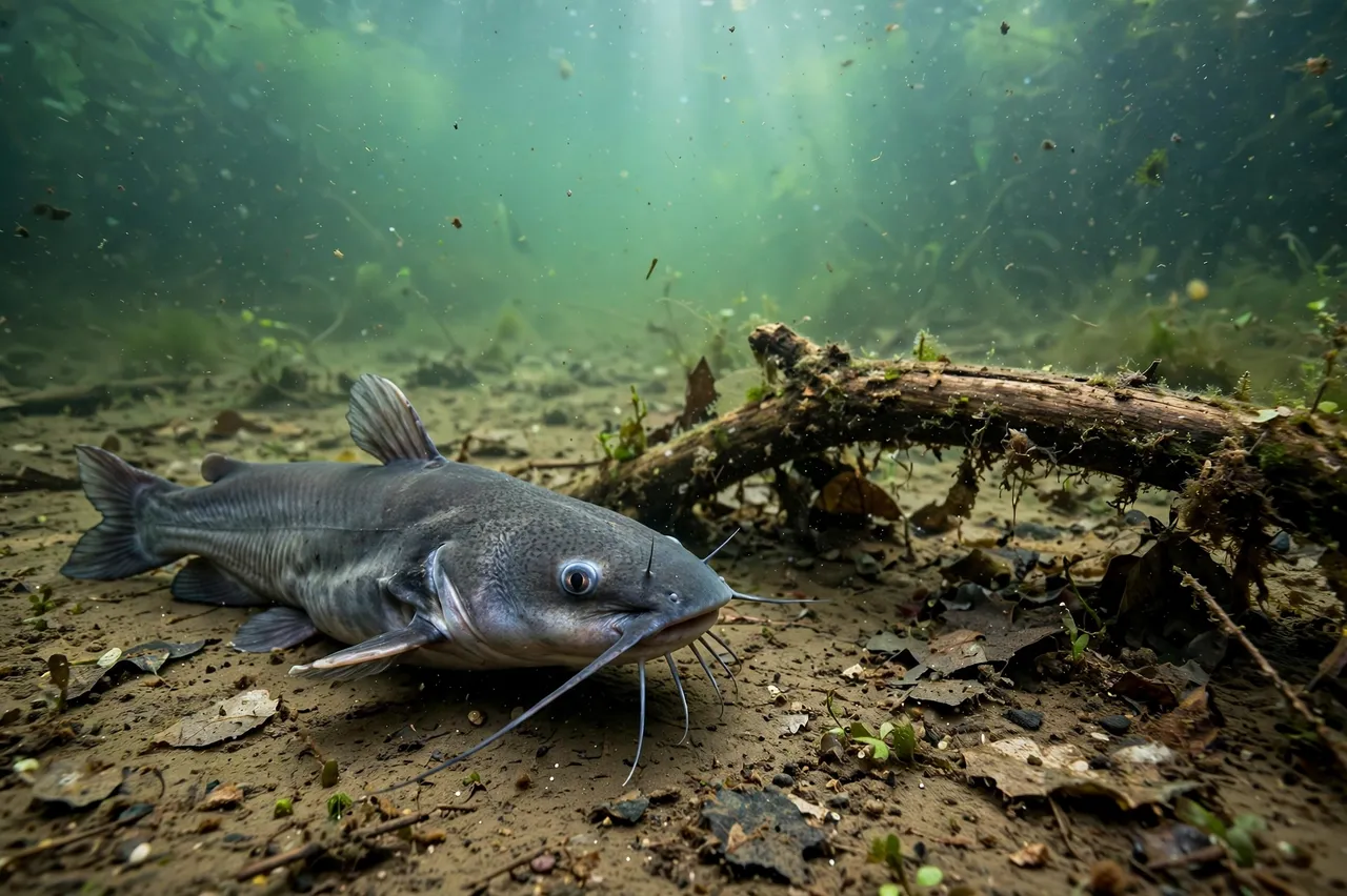 A whiskered gray channel catfish rests on a muddy underwater riverbed beside a sunken mossy branch with dappled green light