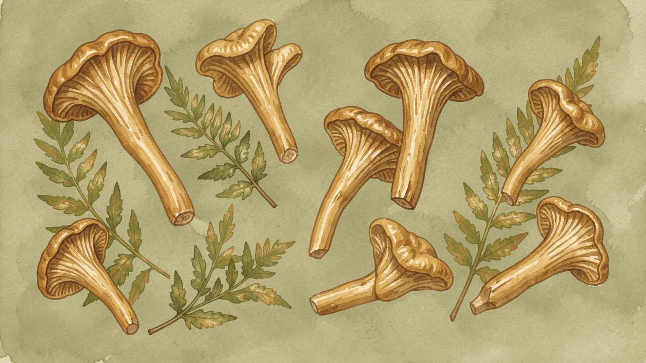 Hand-painted golden chanterelle mushrooms and fern fronds arranged on a soft olive gouache background