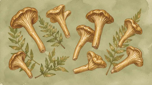 Hand-painted golden chanterelle mushrooms and fern fronds arranged on a soft olive gouache background